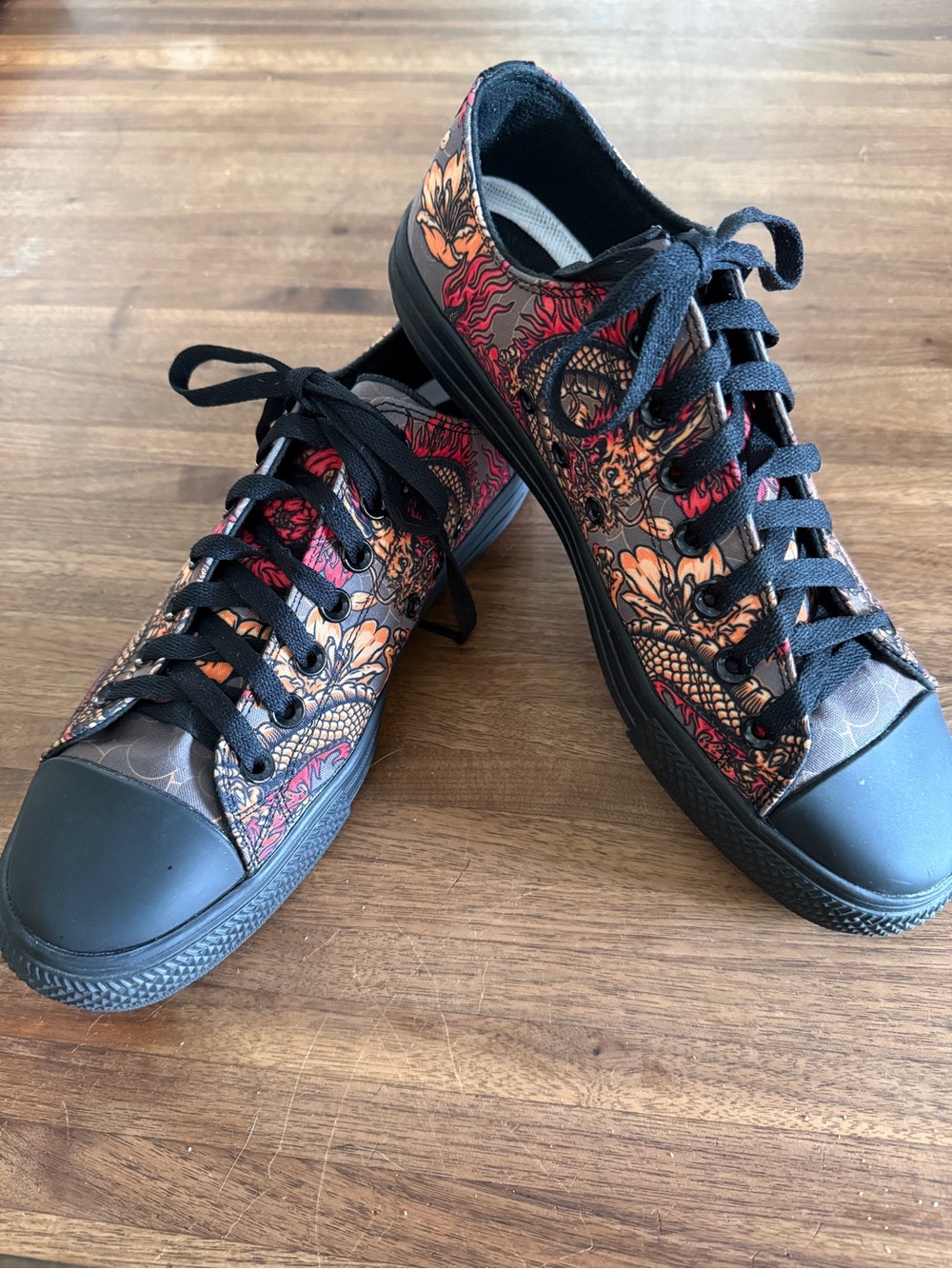 Men’s Black Low-Top Canvas Sneakers with Red and Orange Dragon Print